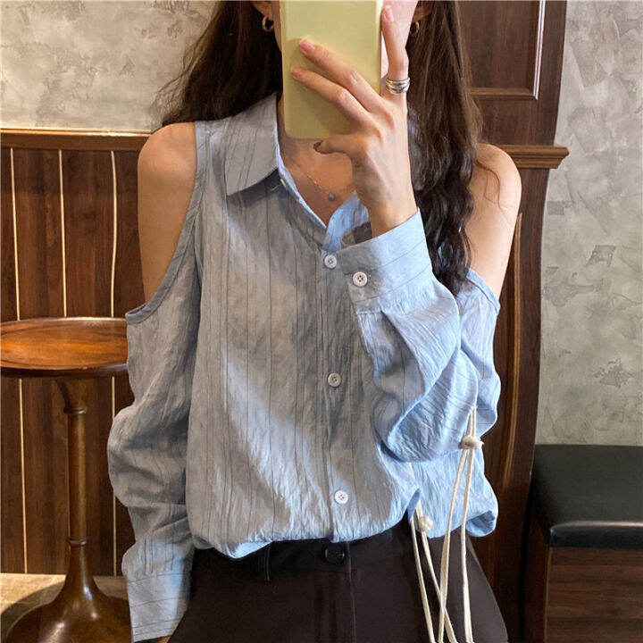 Off shoulder single online breasted blouse