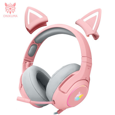 ชุดหูฟังสำหรับเล่นเกมพร้อมไมโครโฟน,Demon Cute Cat Ear หูฟังลดเสียงรบกวนสีชมพูดำ7.1สำหรับ PC Switch PS4 X ใหม่