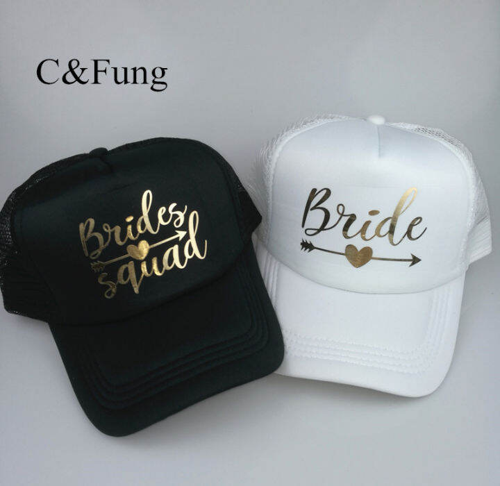 c-amp-fung-personalized-bride-squad-trucker-hat-arrow-design-gold-print-bridal-party-hats-baseball-trucker-snapback-beach-cap-hat