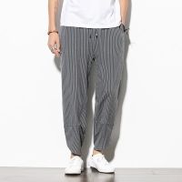 、’】【= Chinese Style Mens Pants Summer New Striped Cotton Linen Wide Leg Casual Oversized Harem Pants Lantern Trousers Male Clothing