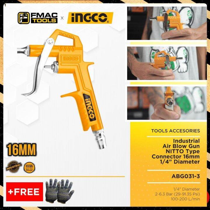 INGCO Industrial Air Blow Gun NITTO Type Connector 16mm 1/4 Diameter