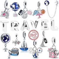 Fit Original Pandora Bracelet Travel Series 925 Silver Globe Plane Safety Chain Beads Handbag Charm Dangle Jewelry Making DIY