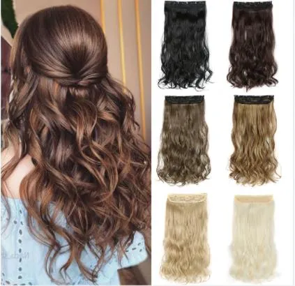 5 Clips On Wavy Hairstyles 24 Inch Synthetic Hair Extensions Ombre Black  Brown Clip In Fake