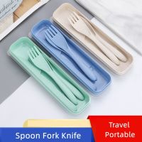 3PCS Spoon Fork Knife Cutlery Set Wheat Straw Dinnerware Lunch Western Tableware With Box Portable Travel Kitchen Accessories Flatware Sets