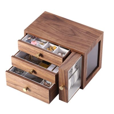 Black Walnut Wood Solid Wood Jewelry Case with Mirror Handmade Engraving Wooden Earrings Necklace Jewelry Storage Box