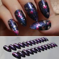 Red blue flash 24pcs full sets Gradient stiletto false nails Art casual glitter Graffiti fake nail Pointed press on nails cool