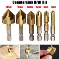 ZK30 6pcs 5 Flutes Countersink Chamfer Drill Bit 1/4 Hex Shank Titanium Coated Woodworking Core Dril Bit Power Tool Accessories