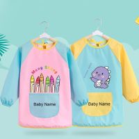 【DT】hot！ Custom Name Baby Bibs Painting Crafts Coat Sleeved Apron Feeding Smock Children