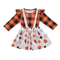 Newborn Toddler Kids Girl’s Two Piece Suit New Fashion Plaid Long Sleeve Top and Unique Pumpkin Pattern Suspender Skirt 1-6Y  by Hs2023