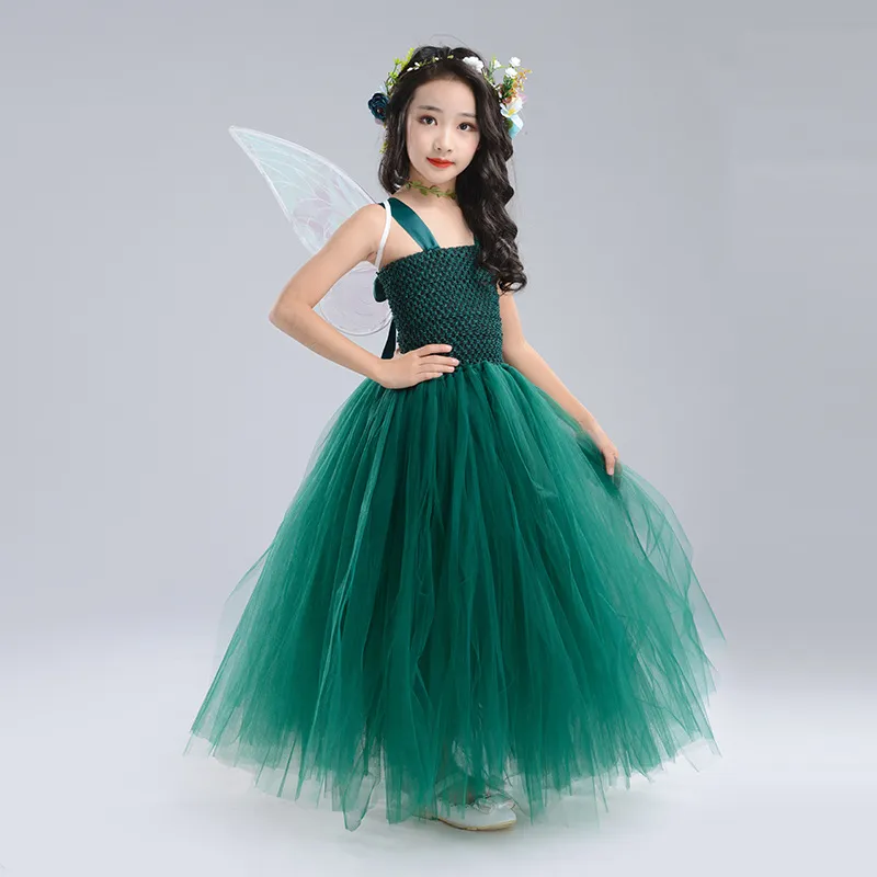 Girls dark green long dress 5 children's show dress 6 FAIRY DRESS