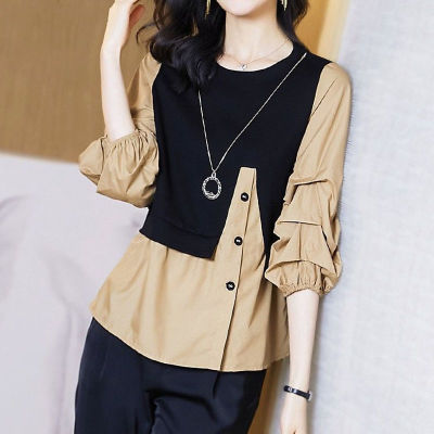 2022 Summer Elegant Commuter ashion Patchwork Blouses Chic Button Loose Casual Half Sleeve Shirt Pullovers for Female