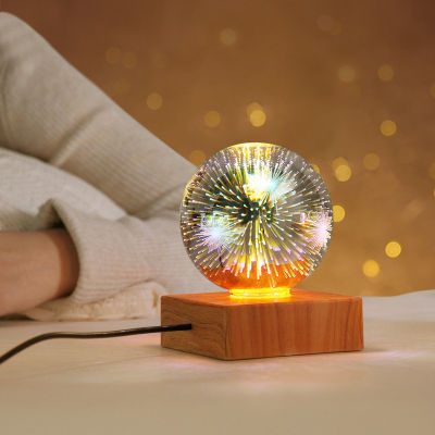 3D ดอกไม้ไฟคริสตัลบอลโคมไฟบ้านโต๊ะข้างเตียงบรรยากาศแสงส่องสว่าง S Tarry Sky LED ไฟกลางคืนที่มีฐานไม้ตกแต่ง