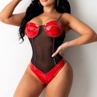 JIU YULingerie para mulher de couro teddy bodysuit lingerie sexy recorte pescoço rendas até babydoll siameses com tanga conjunto trajes exóticos