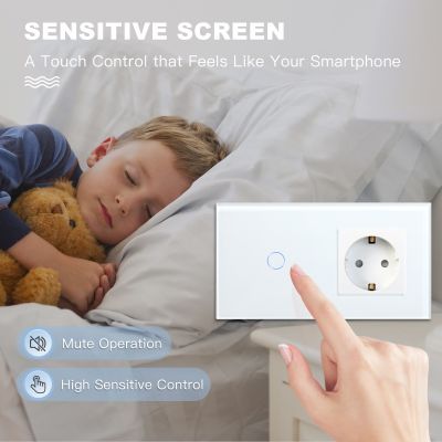 BSEED Touch Light Switch With EU Wall Socket Home Wall Switches 1/2/3Gang 1Way Backlight Crystal Glass Panel USB Wall Sockets