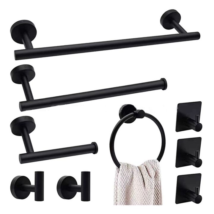 towel-bar-set-no-punch-coat-hook-set-9-piece-black-bathroom-hardware-set-towel-bar-set-bathroom-wall-towel-rack