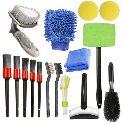 16Pcs Car Care Brush Kit Detailing Brushes Wheel Tire Brush Ice Shove Gloves Dirt Dust Clean Car Wash Cleaning Tools Set