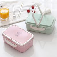 ☈◑ Rectangular double-layer plastic lunch box divided lunchbox Wheat straw cartoon lunchbox adult lunchbox