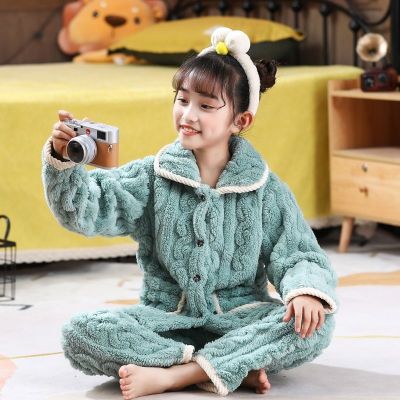 MUJI High quality childrens pajamas flannel autumn and winter big childrens thickened boys and girls long-sleeved baby coral fleece home clothes set