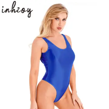 Womens Bodysuit Glossy Swimsuit Sleeveless Tummy Control High Cut Thong  Leotard