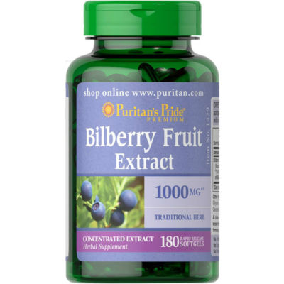 ตรงปก ของแท้ นำเข้า USA Puritans Pride Bilberry Fruit Extract 1000 mg 180 Softgels Eye Protection สารสกัดจากผลไม้บิลเบอร์รี่ สหรัฐอเมริกา