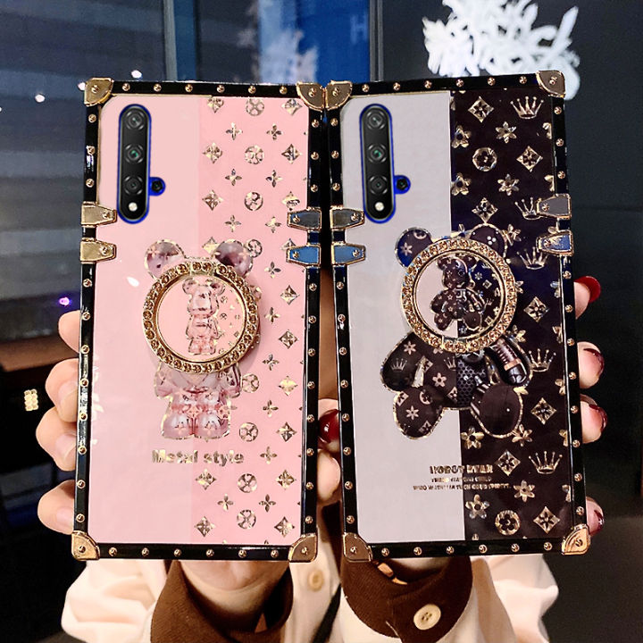 jiefie-เคสโทรศัพท์หมีทันสมัยสำหรับ-huawei-nova-7i-nova3i-nova-5t-nova-6-se-nova-7-se-nova-8-se-nova-9-se-เคสสี่เหลี่ยมชุบโครเมี่ยมสุดหรูฝาครอบโทรศัพท์กันกระแทก-tpu-ขาตั้งแหวน