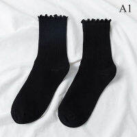 Mongin ถุงเท้า ruffle น่ารักผ้าฝ้ายแฟชั่นญี่ปุ่นสบายๆอเนกประสงค์ Womens CREW Neck SOCKS