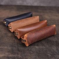 Handmade Genuine Leather Pencil Bag Vintage Retro Style Cowhide Zipper Pen Case School Bag Office Stationery