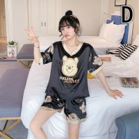 Female Comfy Silk womens Pyjamas Short Sleeve V-neck cartoon baju tidur perempuan wanita murah sleepwear set