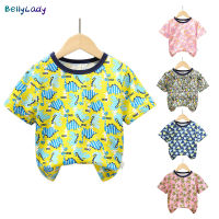 BellyLady เสื้อยืดคอกลมสำหรับเด็ก,เสื้อยืดคอกลมผ้าคอตตอนลำลองแบบสวมหัวเสื้อเชิ้ตพิมพ์ลายการ์ตูนสำหรับเด็กหญิงเด็กชาย Lengan Pendek Musim Panas