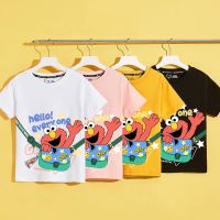 2023 NEW100ผ้าฝ้าย Sesame Street เสื้อยืดเด็กชายผัดถนนสีดำแขนสั้นผ้าฝ้ายขนาดกลางและขนาดใหญ่เสื้อผ้าเด็กสีขาวฤดูร้อนครึ่งแขน