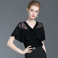 Elegant V-Neck Butterfly Sleeve Lace Spliced Chiffon Blouse Loose Short Sleeve Commute Women Clothing Oversized Casual Shirt