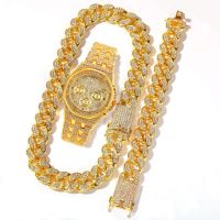 ✠♈  Men Set Necklace Watch Bracelet HipHop Cuban Chain Big Gold Rhinestone Luxury Iced Out Jewelry