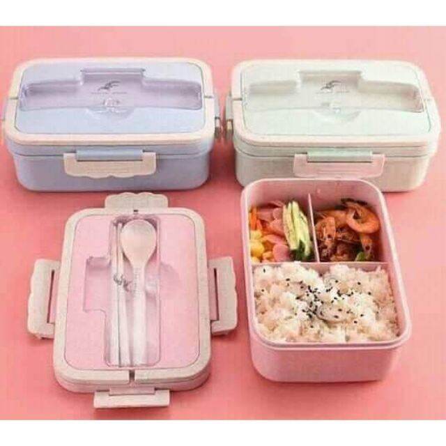 Portable 3 Compartment Lunch Box Wheat Straw with Spoon and Chopstick ...