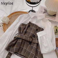 Neploe Stylish Fake Two-piece Autumn New Shirts Female Plaid Patchwork Belt Slim Waist Bouses Women Lace Long-sleeve Tops Mujer