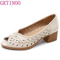 GKTINOO Genuine Leather Hollow Fish Mouth Sandals Women Shoes 2023 Large Size Mid Heel Soft Sole Womans Sandals Fashion Shoes