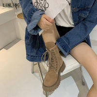 2021 Women Motorcycle Mid Calf Boots Platform Flat Heel 4.5 CM Short Boots Womens Shoes Ladies Winter Lace Up Non Slip Boots