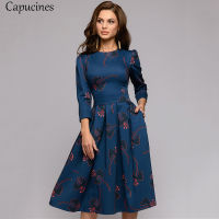 Capucines Navy Blue 34 Sleeves Printed Dress Women  Spring Summer Vintage Pocket A-line Casual Dress Elegent Party Vestidos