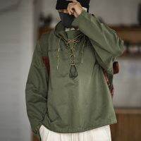 ชาย Hooded Pullover แขนยาว Deck Parker แจ็คเก็ตสายรัดคอ Workwear สีเขียว Cuffs ริบบิ้นปิดเสื้อ