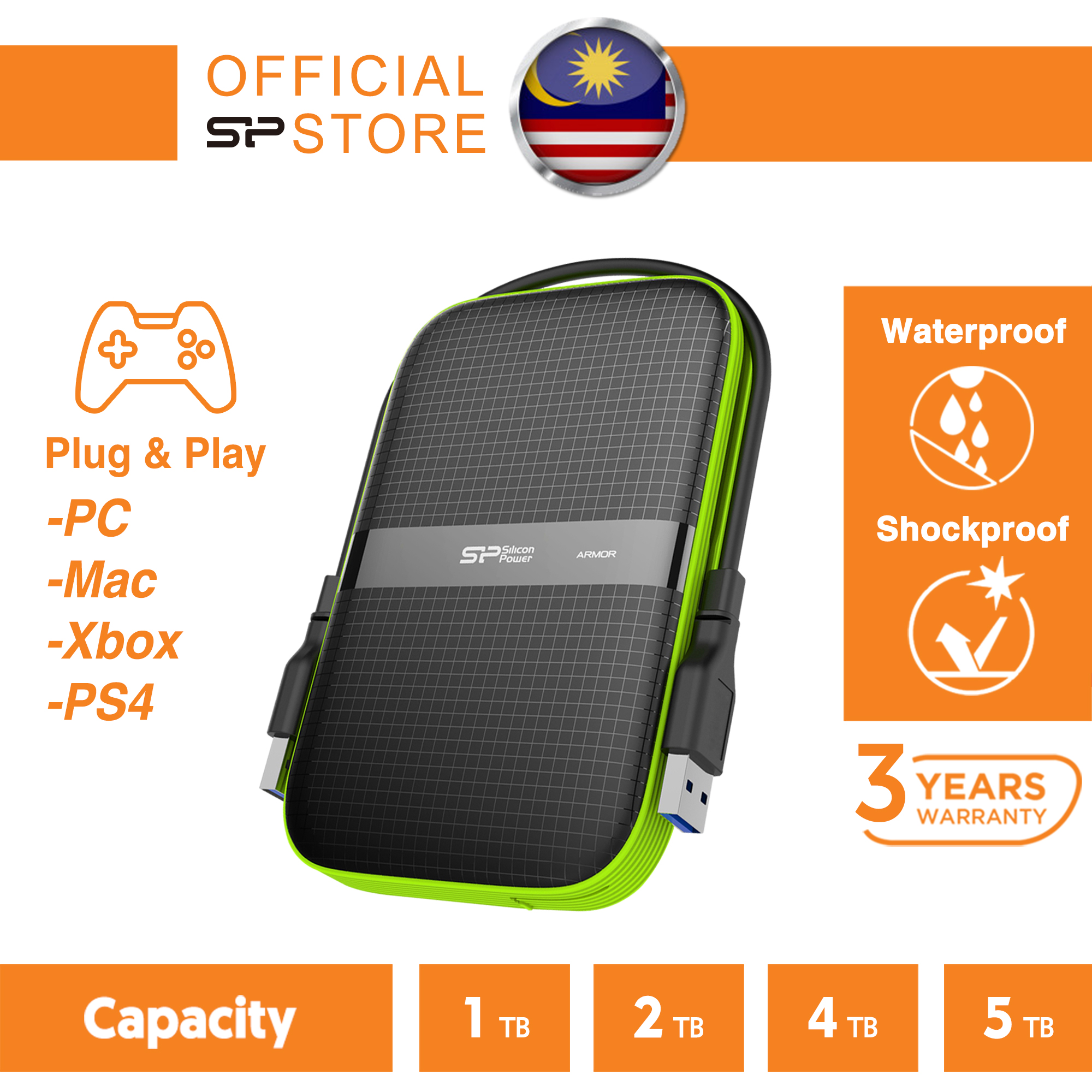 Mac Xbox and PS4 Shockproof USB 3.0 for PC Silicon Power Black 1TB Rugged Portable External Hard Drive Armor A60 Black 