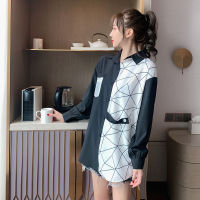 Baju Wanita Shirt Women Loose Long Sleeve Shirt Splicing Printing Irregular Top Medium Length Korean Style Shirts Blouse