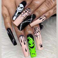 24Pcs Halloween False Nails Wearable French Long Fake Nails Coffin Ballet Press on Nail Black Pumpkin Patch Design Manicure Tips