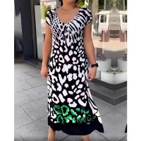 ☍☬♂ Women Fashion Leopard Print Short Sleeve Loose Sundress Spring Summer Long Dress Casual Boho Beach Short Sleeve Cove-up Dresses