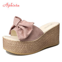 Aphixta 9cm Wedge Heels Slippers Women Cow Suede Bow 4cm Platform Women Wedge Mulers Female Sandals Clog Shoes Slides Women