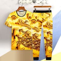 【Hot Sale】 silk cool feeling printing casual suit summer mens short-sleeved trousers leopard dragon and tiger T-shirt