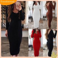 COD SDFGERTYTRRT ❀FR❀Women Solid Color Ribbed Knitted Backless V Neck Bodycon Long Sleeve Maxi Dress