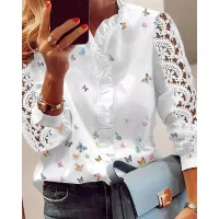 Women Elegant Fashion Butterfly Print Blouses Top Ruffled Trim Casual Long Lace Sleeve Blouse