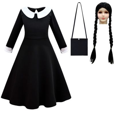 For Girls Wednesday Addams Cosplay Dress Costumes Black Gothic Dresses Children Clothes Halloween Party
