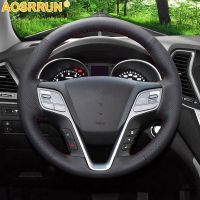 【Hd】 AOSRRUN หนังสีดำเย็บมือพวงมาลัยรถสำหรับ Hyundai Ix45 Santa Fe 2013 2014 2015 2016รถอุปกรณ์เสริม