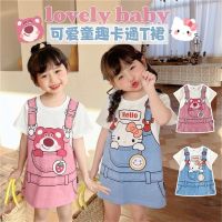 TINGQI 1-4-8 Years Old Baby Girls Short Sleeves Cartoon Loose T-shirt Dress Fake Two Pieces Princess Skirt Round Neck Pullover Fashion