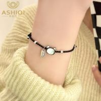 ASHIQI Natural Shell Lovely Cat Black Handmade Woven Bracelet 925 Sterling Silver Fashion Jewelry For Girls